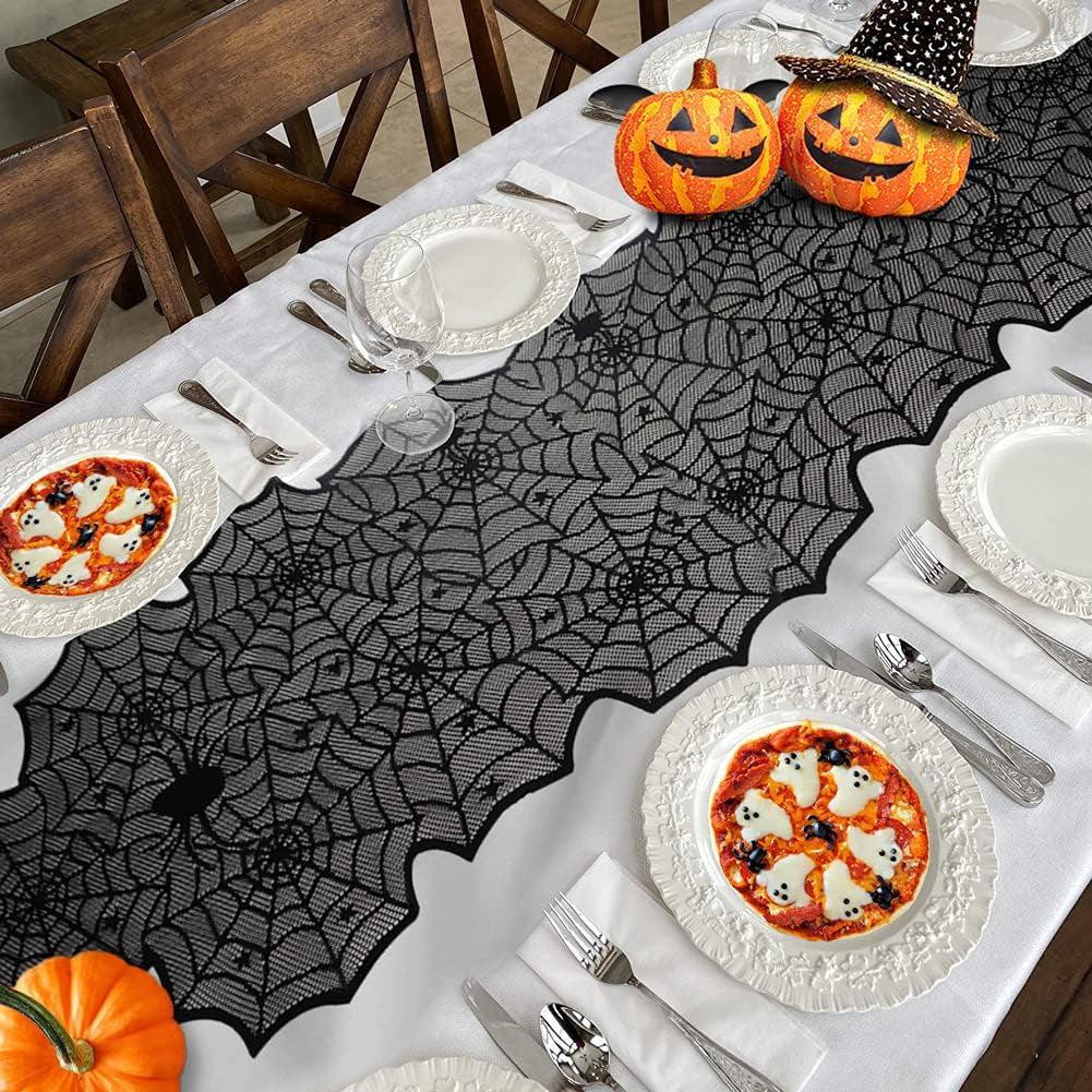 Halloween Table Runner, Black Lace Spider Web Table Runners for Halloween Table Decor, Creepy Table Cloth for Halloween Party Dinner Table Decoration 18 X 72Inch