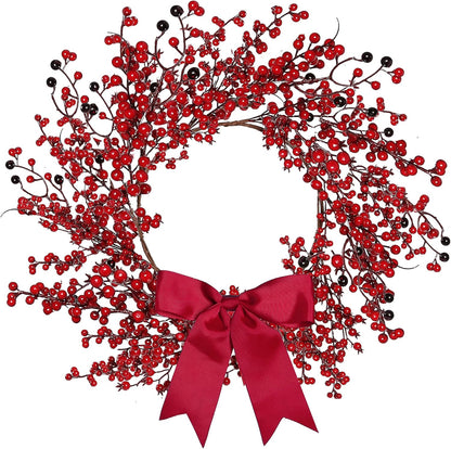 18 Inch Artificial Christmas Wreath Red Berry Wreath Handmade Winter Wreath with Bowknot Christmas Decoration for Front Door Home Indoor Outdoor Farmhouse Wall Window Xmas Holiday