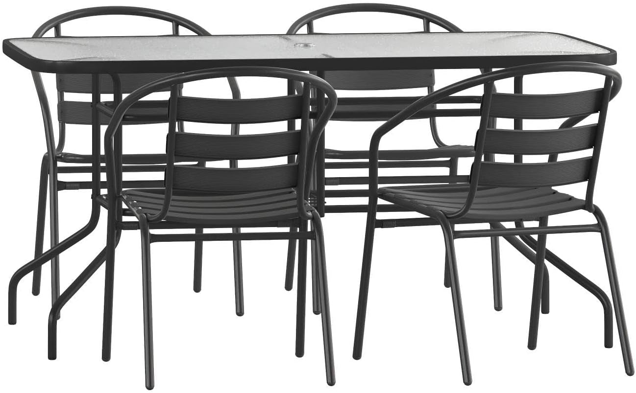 Lila 7 Piece Patio Dining Set - 55" Tempered Glass Patio Table with Umbrella Hole, 6 Black Metal Aluminum Slat Stack Chairs