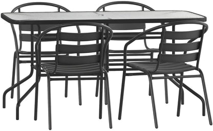 Lila 7 Piece Patio Dining Set - 55" Tempered Glass Patio Table with Umbrella Hole, 6 Black Metal Aluminum Slat Stack Chairs