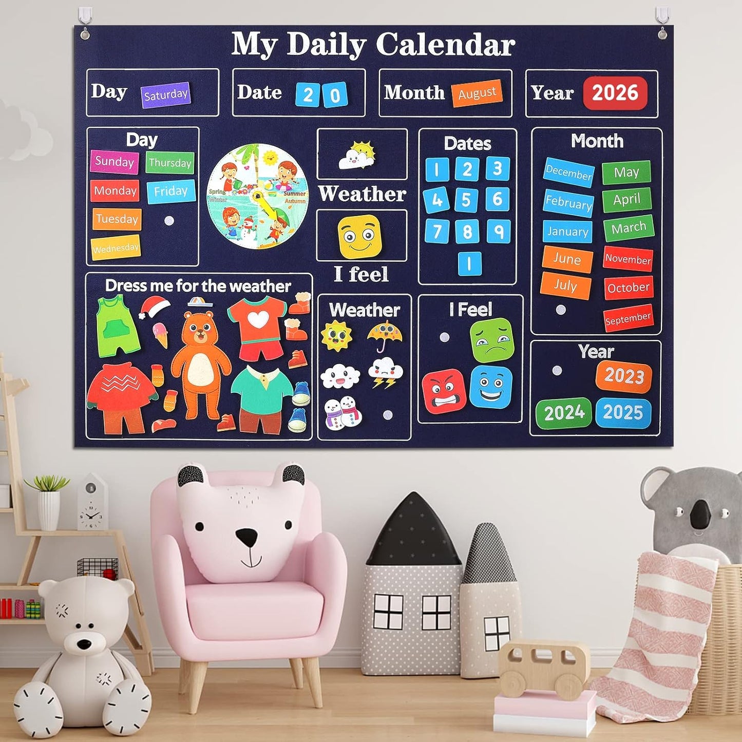 My First Daily Calendar-Preschool Classroom Must Haves, Circle Time Learning Center, Days of the Week Chart for Toddlers Learning, Classroom Calendar for Kids, 3.3Ft Felt Board for Toddlers