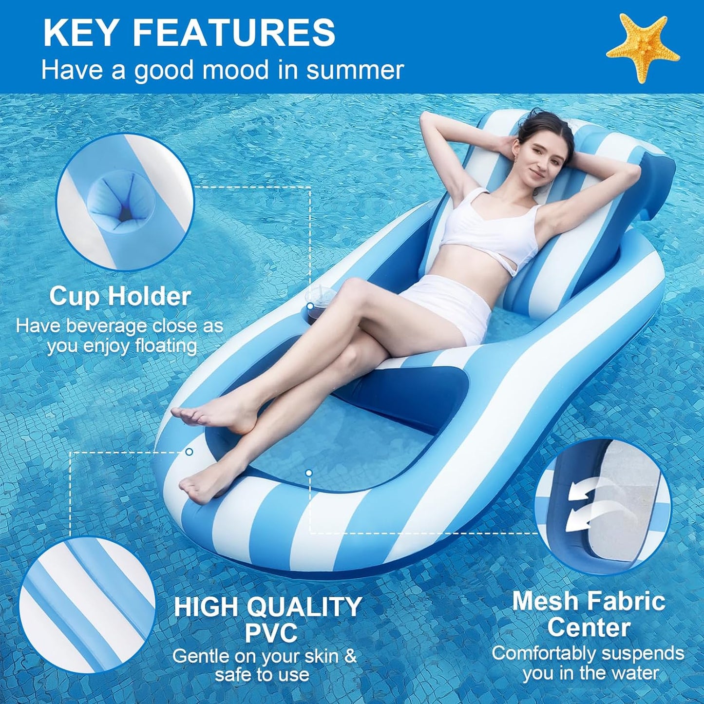 Pool Floats Adult Size, Inflatable Rafts Pool Lounger with Headrest & Cup Holder, Large Pool Floaties for Adult Heavy Duty Swimming Pool, Beach & Lake Sunbathing