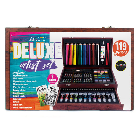 Deluxe Art Set in a Wood Organizer Case, 119 Pieces - Loomini