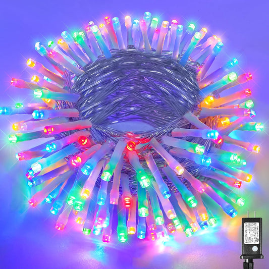 66Ft 200 LED Christmas Lights Outdoor - 8 Modes Christmas String Lights Clear Wire with Time Memory, Waterproof Plug in Fairy String Lights for Indoor Outdoor Home Party Garden Decoration, Multicolor