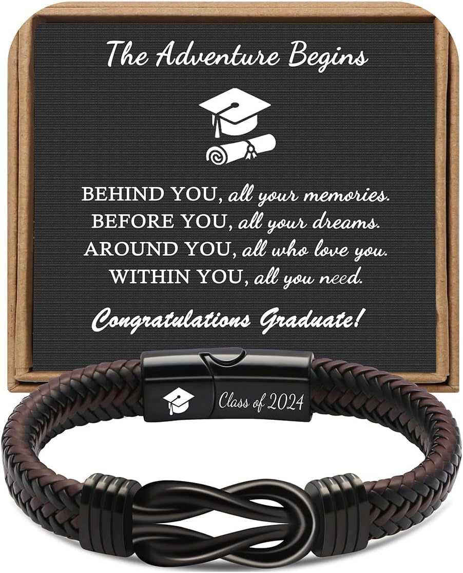 𝗚𝗿𝗮𝗱𝘂𝗮𝘁𝗶𝗼𝗻 𝗚𝗶𝗳𝘁𝘀 𝗳𝗼𝗿 𝗛𝗶𝗺 𝟮𝟬𝟮𝟰 High School, College Graduation Gifts for Men Class of 2024 Leather Stainless Steel Knot Bracelet, Graduation Gifts for Son Boyfriend Brother Grandson Friends