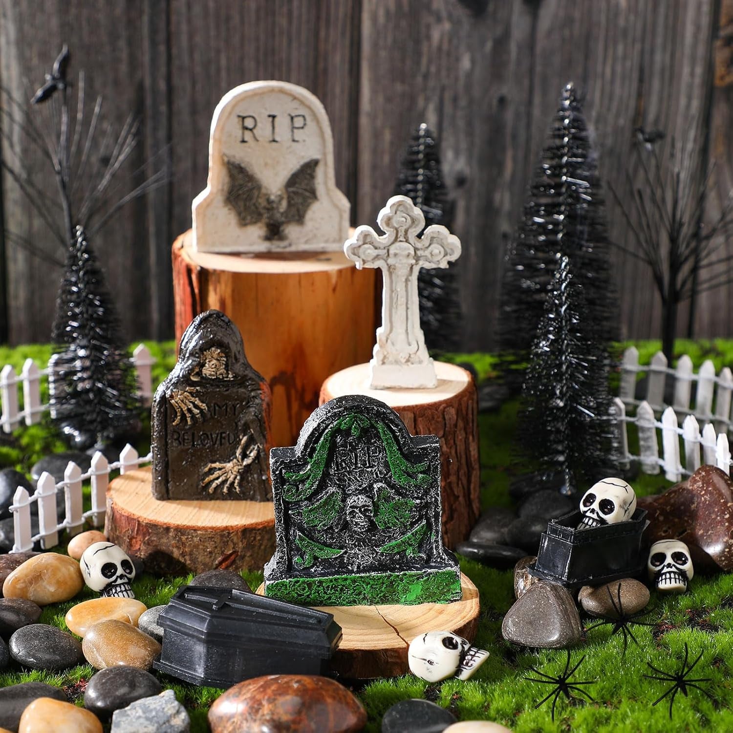 32 Pcs Halloween Village Accessories Ornaments Set Spooky Halloween Town Set Halloween Tombstones Skeleton Tiny Trees Fake Spiders Decor Halloween Village Set for Party Town Decorations