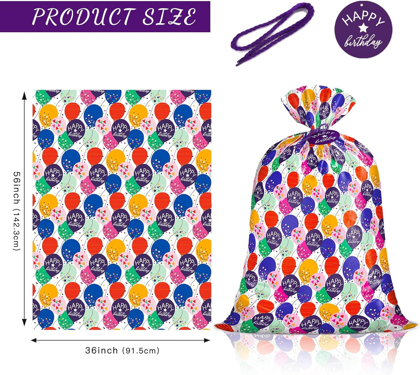 56" Large Birthday Plastic Gift Bag - Colorful Balloon with Confetti Design for Kids Birthdays, Parties or Celebrating - 56" H X 36" W