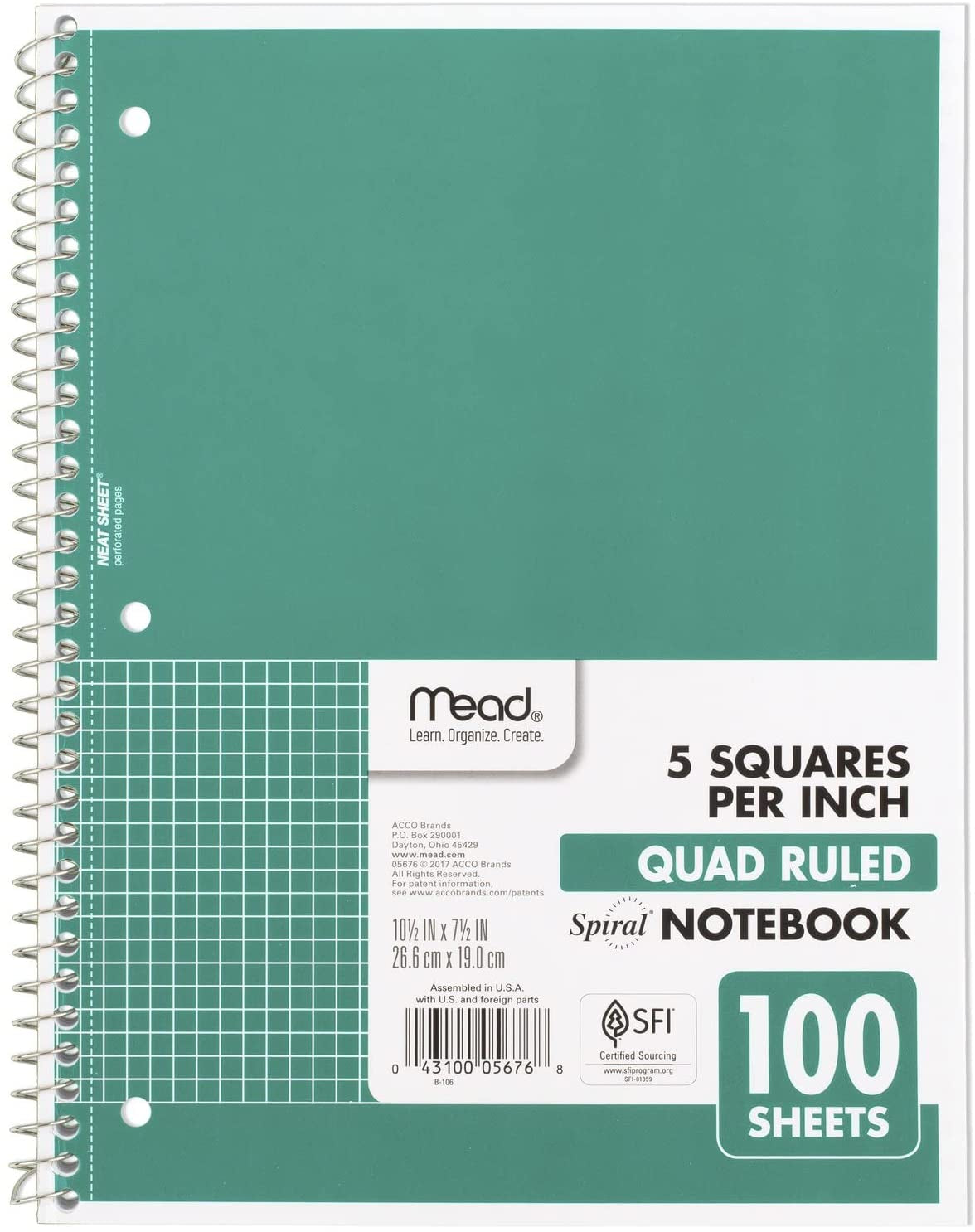 Spiral Notebook, 1-Subject, Graph Ruled Paper, 7-1/2" X 10-1/2", 100 Sheets, Green (05676AC5)