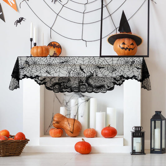 Halloween Fireplace Scarf, Black Lace Spiderweb Fireplace Mantle, Cobweb Fireplace Scarf for Halloween Party Door Window Decoration 18 X 96 Inch