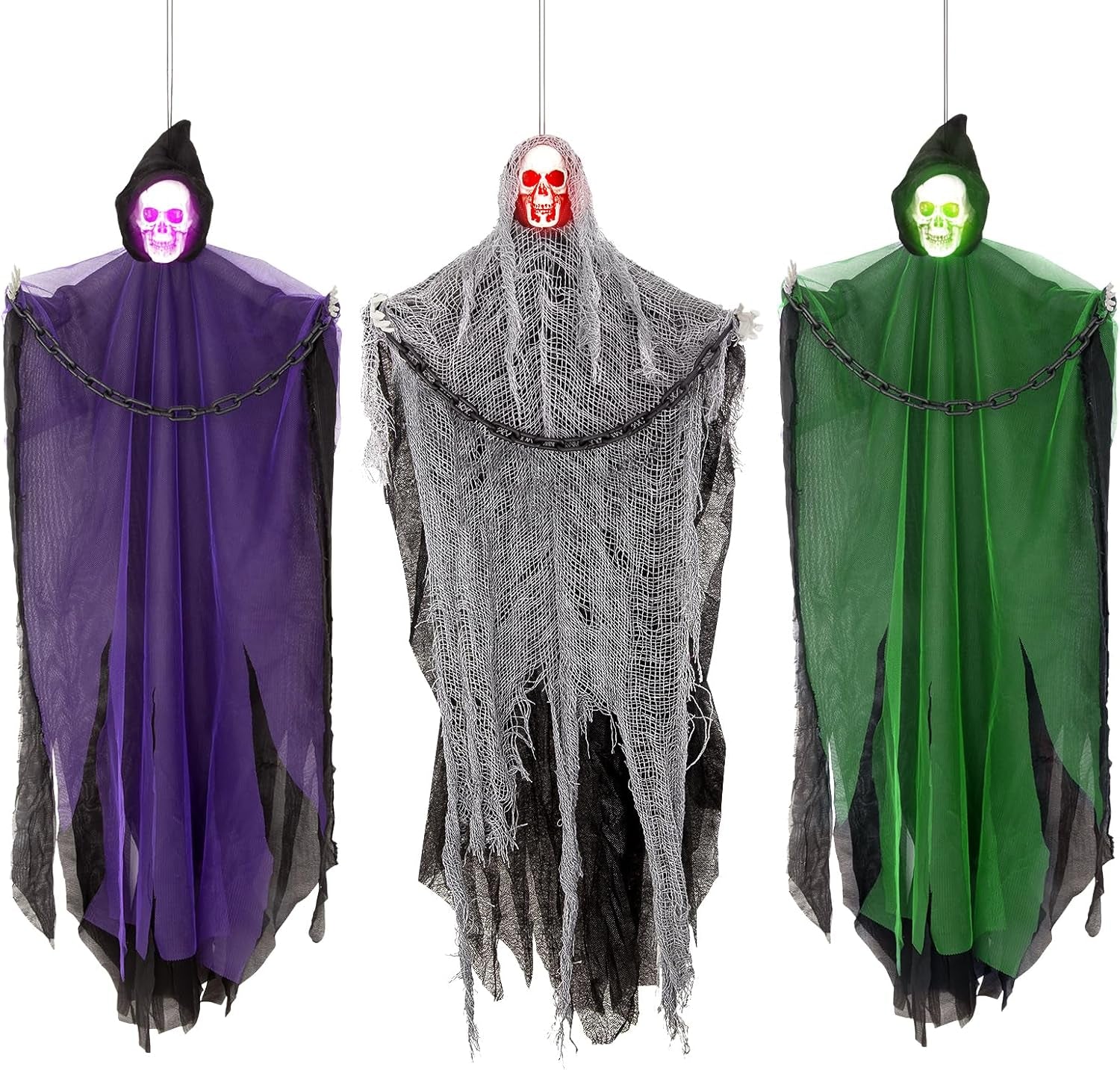 Halloween Hanging Skeleton Ghosts with Glowing Eyes (3 Pack), One 36” and Two 32” Flying Grim with Chains Reapers for Haunted House Prop Décor, Indoor/Outdoor Halloween