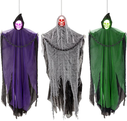 Halloween Hanging Skeleton Ghosts with Glowing Eyes (3 Pack), One 36” and Two 32” Flying Grim with Chains Reapers for Haunted House Prop Décor, Indoor/Outdoor Halloween