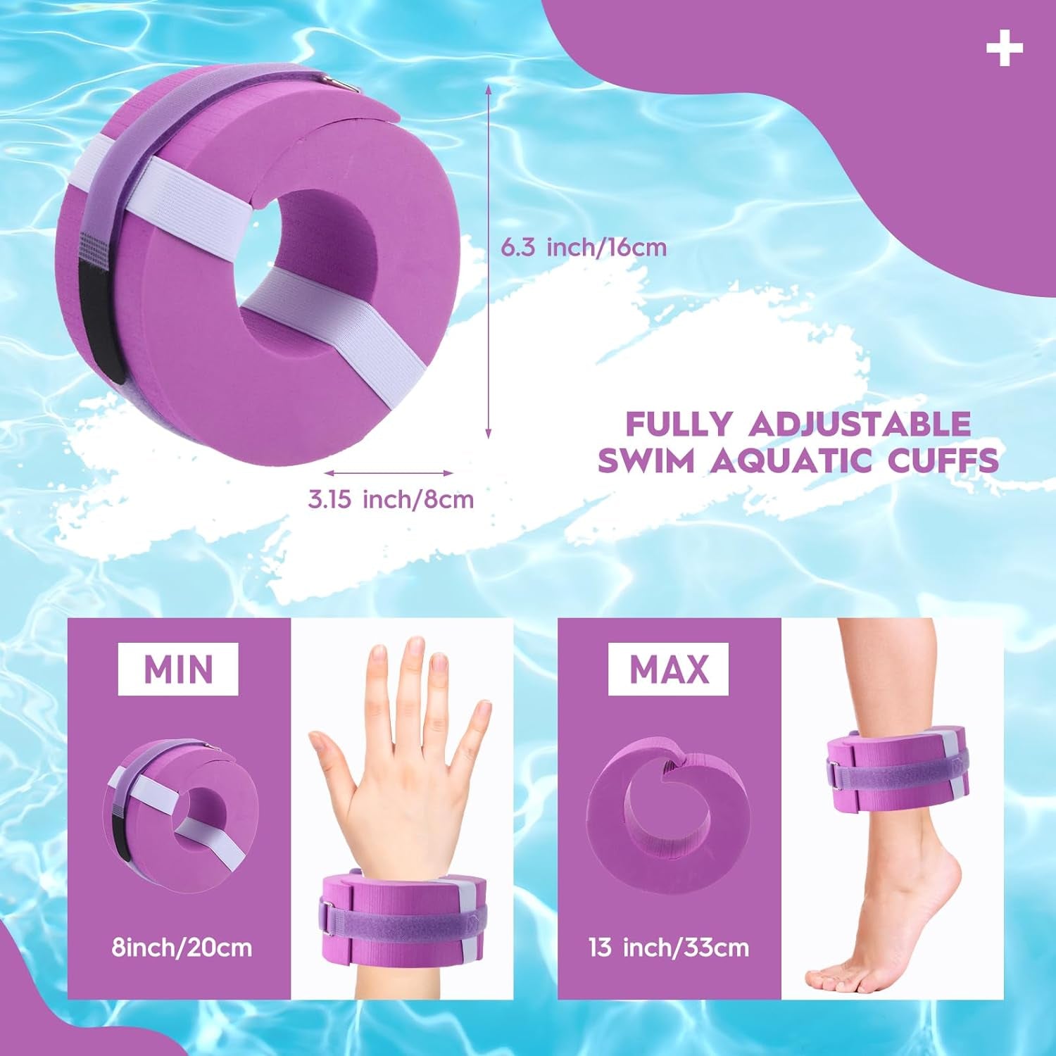 2 Pcs Foam Swim Aquatic Cuffs Equipment Water Aerobics Float Ring with Detachable Hook and Loop Fastener Fitness Workout Set for Swimming Fitness Training Pool Exercise