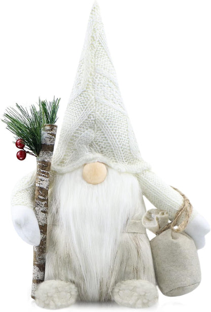 Christmas Gnomes Plush Decorations Gift Handmade Scandinavian Tomte Stuffed Santa with Branch and Bag Xmas Decor for Home Kitchen Farmhouse Tiered Tray - White