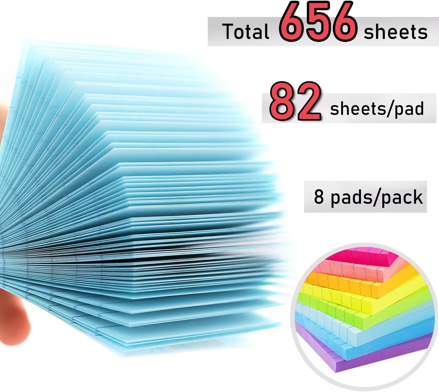 Lined Sticky Notes 3X3 in Bright Ruled Post Stickies Colorful Super Sticking Power Memo Pads, 82 Sheets/Pad, 8 Pads/Pack