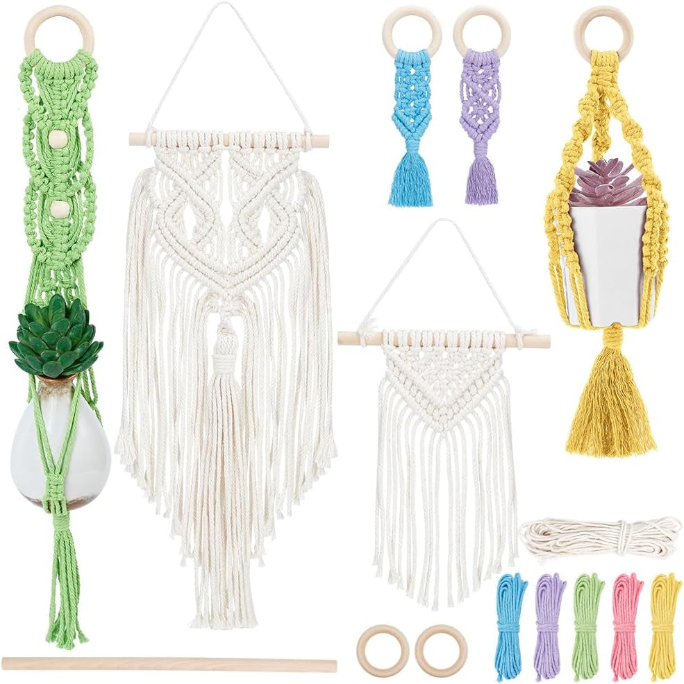 8 in 1 DIY Macrame Kit All in One Macrame Kits for Adults Beginners White Macrame Wall Hanging Ornaments for Decoration Easy Macrame Keychain Kits Macrame Plant Hanger Kit with Instruction