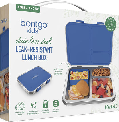 ® Kids Stainless Steel Leak-Resistant Lunch Box - Bento-Style Redesigned in 2022 W/Upgraded Latches, 3 Compartments, & Extra Container - Eco-Friendly, Dishwasher Safe, Patented Design (Blue)