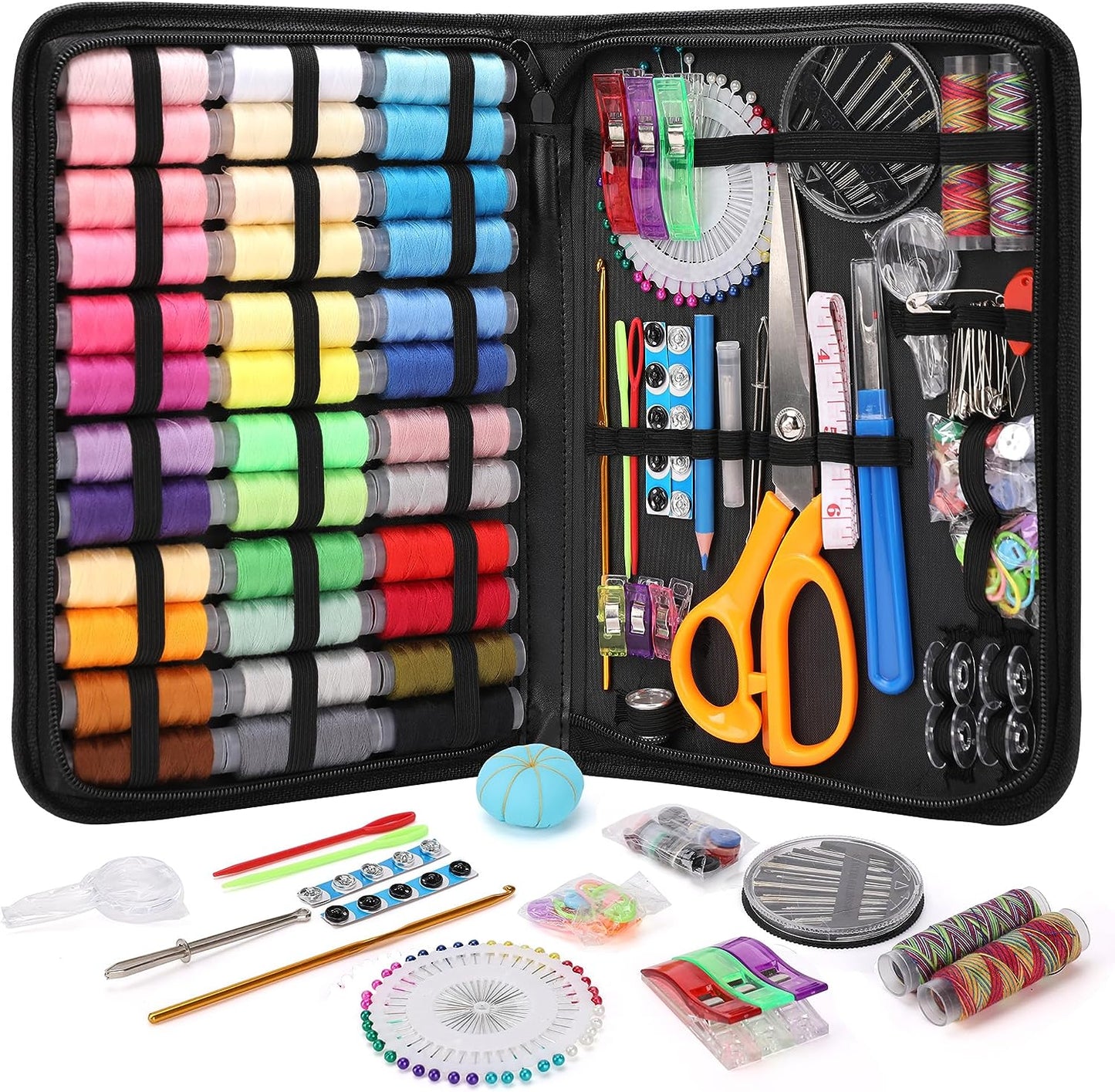 Sewing Kit Gifts for Grandma, Mom, Friend, Adults Beginner Kids Traveler, Portable Sewing Supplies Accessories with Case Contains Thread, Needle, Scissors, Measure Tape, Thimble Etc(Black, M)