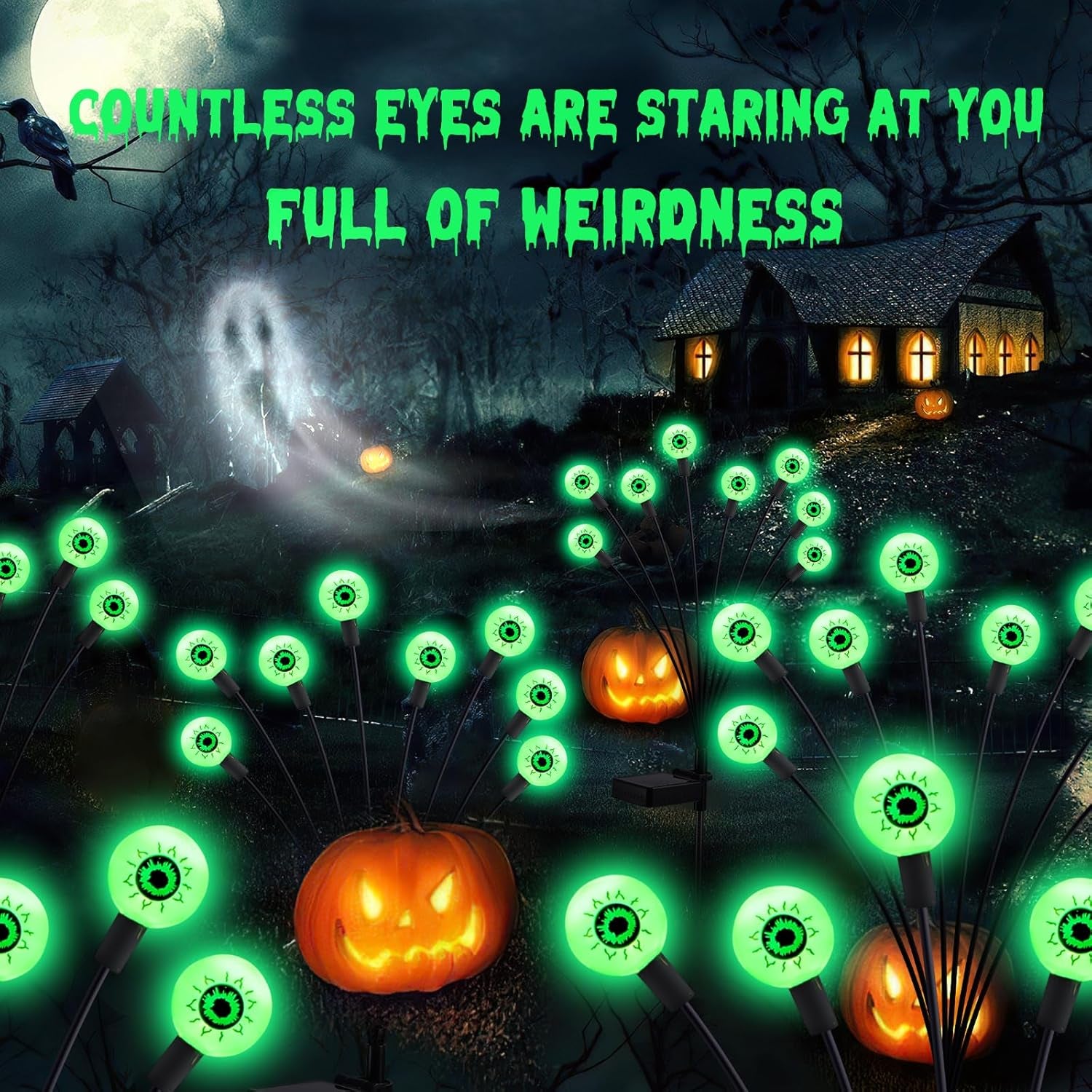 Halloween Decorations Outdoor Solar Scary Eyeball Lights, 4Pack 32Leds Green Eyeball Swaying Solar Firefly Lights, Waterproof Solar Halloween Path Lights for Garden/Yard/Patio/Party Decor