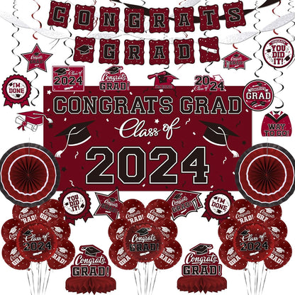 Blue Themed 2024 Graduation Decorations Set - Congrats Grad Banner, Class of 2024 Backdrop, Balloons & Streamers Kit - Complete Party Supplies for High School & College Celebrations