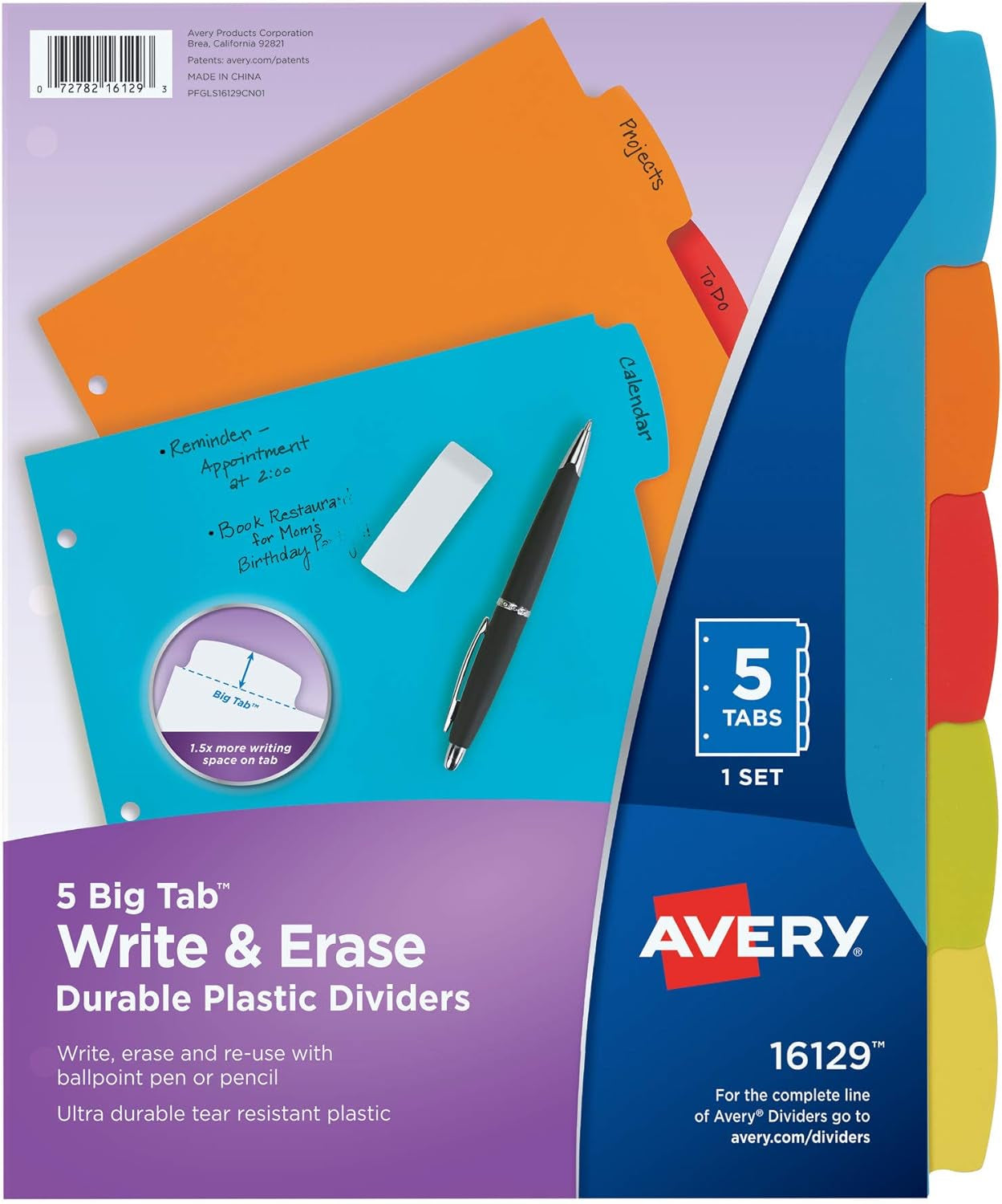 Big Tab Write & Erase Durable Plastic Dividers for 3 Ring Binders, 5-Tab Set, Bright Multicolor, 1 Set (16129)