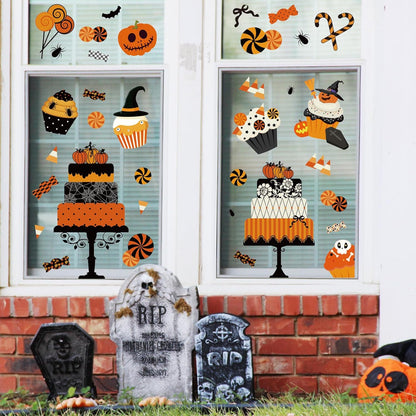 Halloween Window Cling Stickers Pumpkin Cake Cupcake Candy Double-Sided Reusable Window Decals for Birthday Baby Shower Party Home Classroom Decor, 4 Sheets
