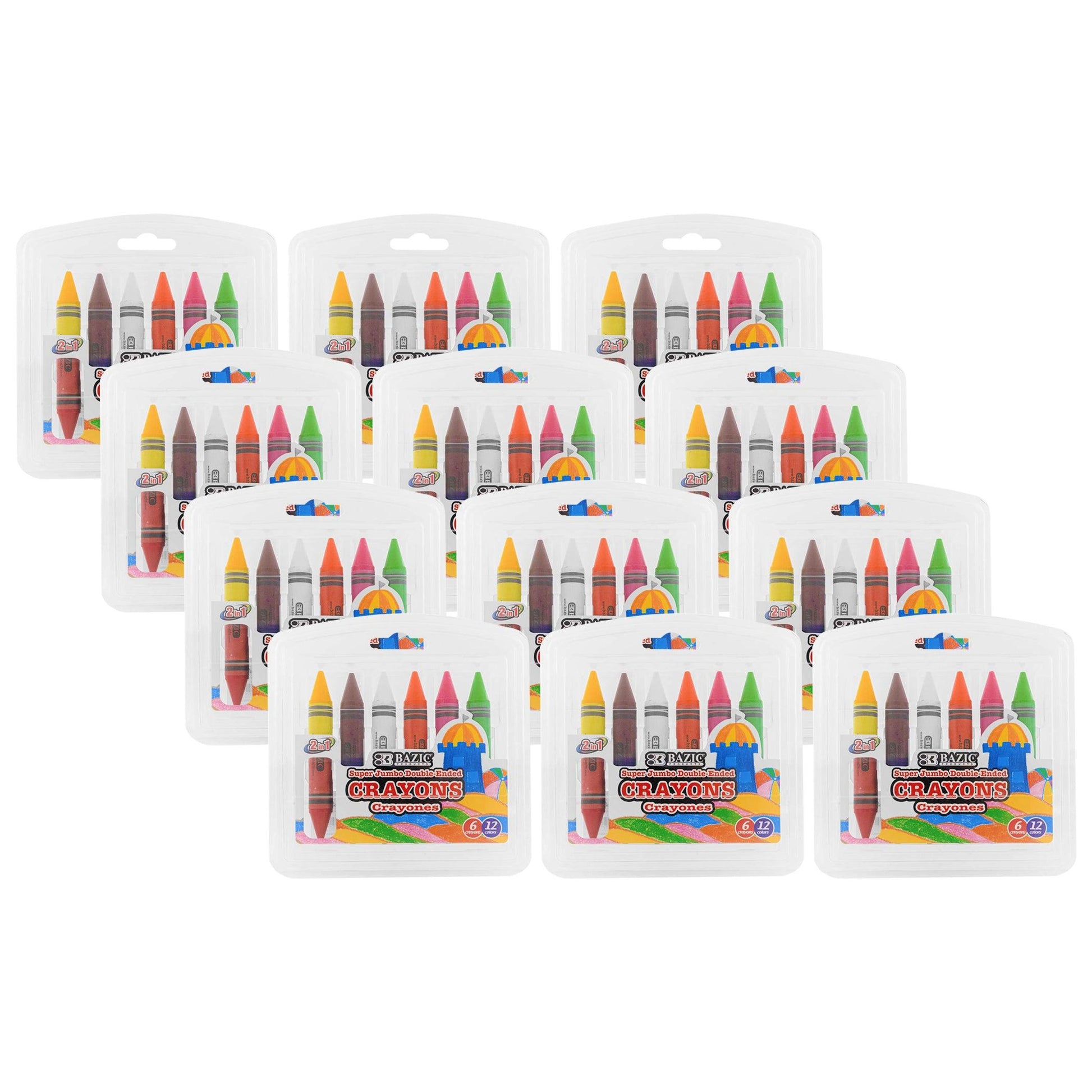 Double-Ended Premium Super Jumbo Crayons, 12 Colors, 6 Per Pack, 12 Packs - Loomini