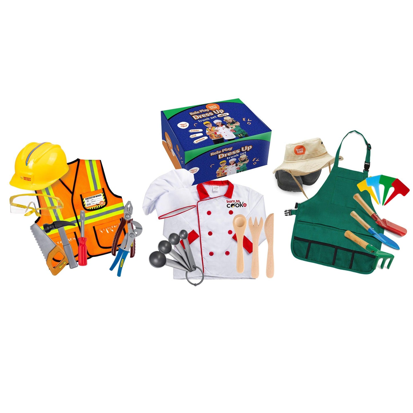 Dress Up / Drama Play Helping At Home Trunk Set, Construction Worker-Chef-Gardener - Loomini