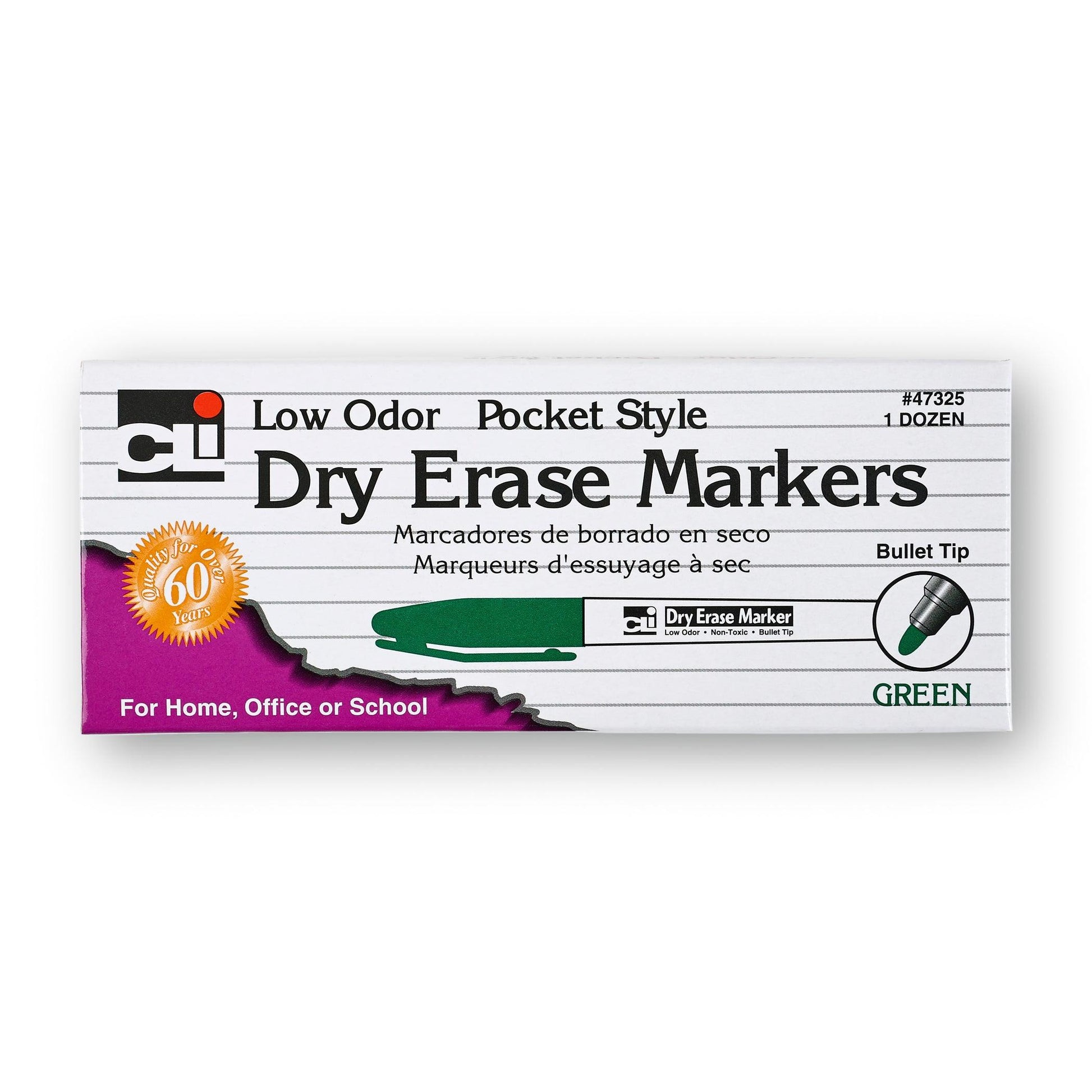 Dry Erase Markers, Low Odor, Pocket Style, Bullet Tip, Green, 12 Per Box, 3 Boxes - Loomini