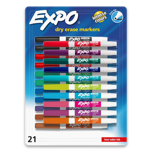 Dry Erase Markers, Whiteboard Markers with Low Odor Ink, Fine Tip, Assorted Vibrant Colors, 21 Count - Loomini