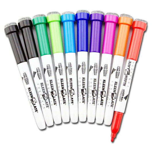 Dry Erase Student Markers with Erasers, Fine Point, Assorted Colors, Pack of 10 - Loomini