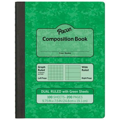 Dual Ruled Composition Book, Green, 1/4 in grid and 3/8 in (wide) 9-3/4" x 7-1/2", 100 Sheets, Pack of 6 - Loomini