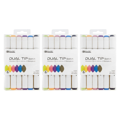 Dual Tip Sketch Markers, Pastel Colors, 6 Per Pack, 3 Packs - Loomini