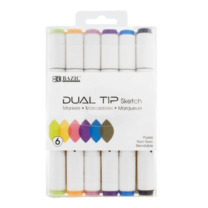 Dual Tip Sketch Markers, Pastel Colors, 6 Per Pack, 3 Packs - Loomini