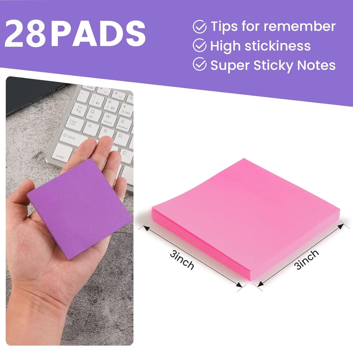 (28 Pack) Sticky Notes 3 X 3 In, Bright Colorful Super Sticking Power Memo Post Stickies, High Stickiness Square Sticky Notes for Office, Home, School, Meeting, 72 Sheets/Pad