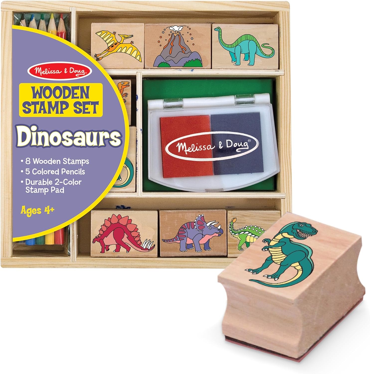 Wooden Stamp Set: Dinosaurs - 8 Stamps, 5 Colored Pencils, 2-Color Stamp Pad - FSC Certified