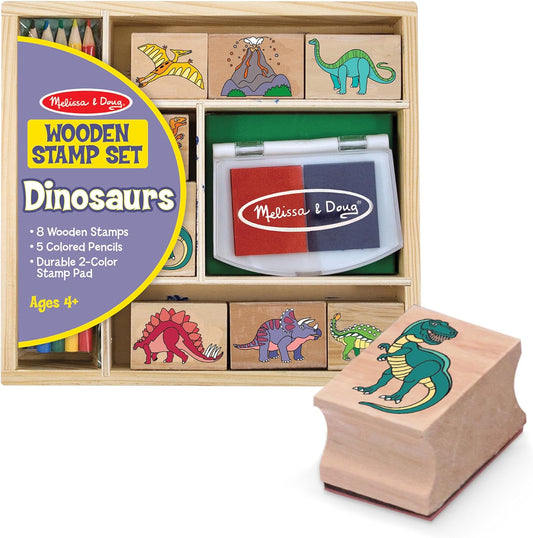 Wooden Stamp Set: Dinosaurs - 8 Stamps, 5 Colored Pencils, 2-Color Stamp Pad - FSC Certified