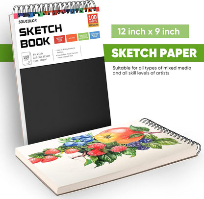 9" X 12" Sketch Book, 1-Pack 100 Sheets Spiral Bound Art Sketchbook, (68Lb/100Gsm) Acid Free Artist Drawing Book Paper Painting Sketching Pad for Kids Students Adults Beginners