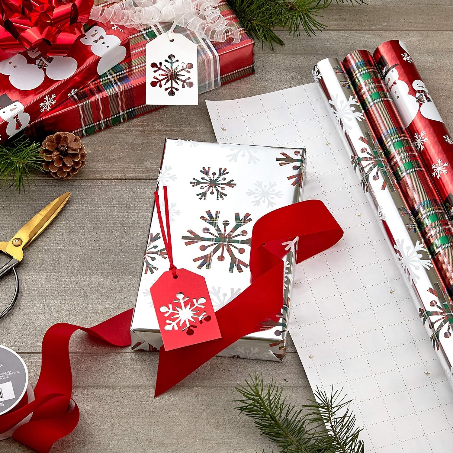 Foil Christmas Wrapping Paper with Cut Lines on Reverse (3 Rolls: 60 Sq. Ft. Ttl) Plaid Snowflakes, Snowmen, Tartan Plaid