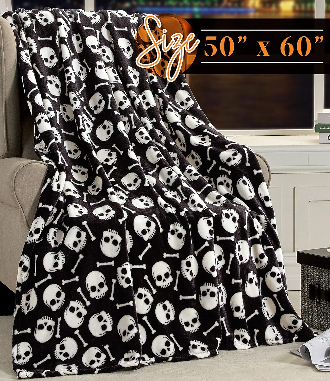 Lightweight Throw Blanket- Halloween Themed, Soft, Cozy and Plush- Perfect for Lounging This Spooky Season, 50 X 60 Inches, Skull & Bones