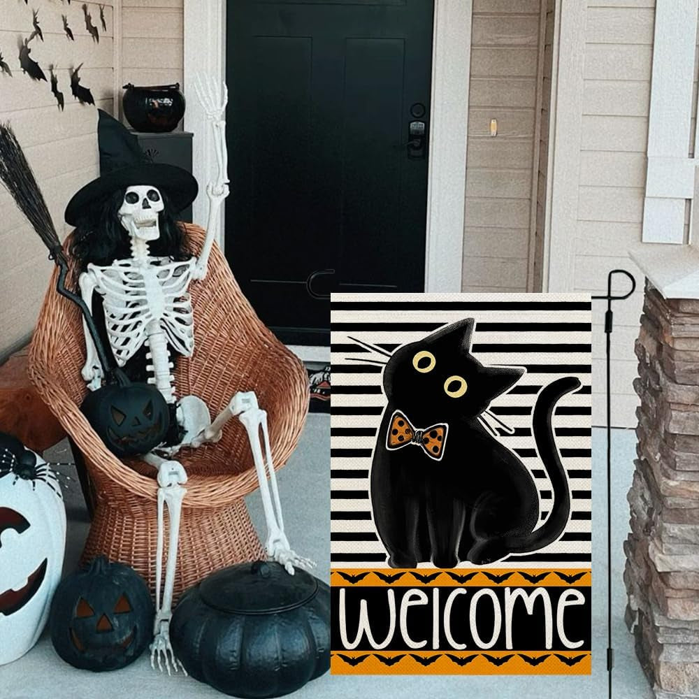 Halloween Black Cat Garden Flag 12X18 Inch Double Sided for outside Small Holiday Yard Decoration