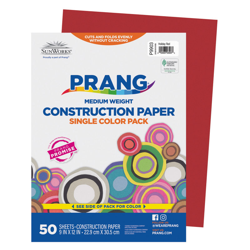 Construction Paper, Medium Weight, Holiday Red, 9" x 12", 50 Sheets