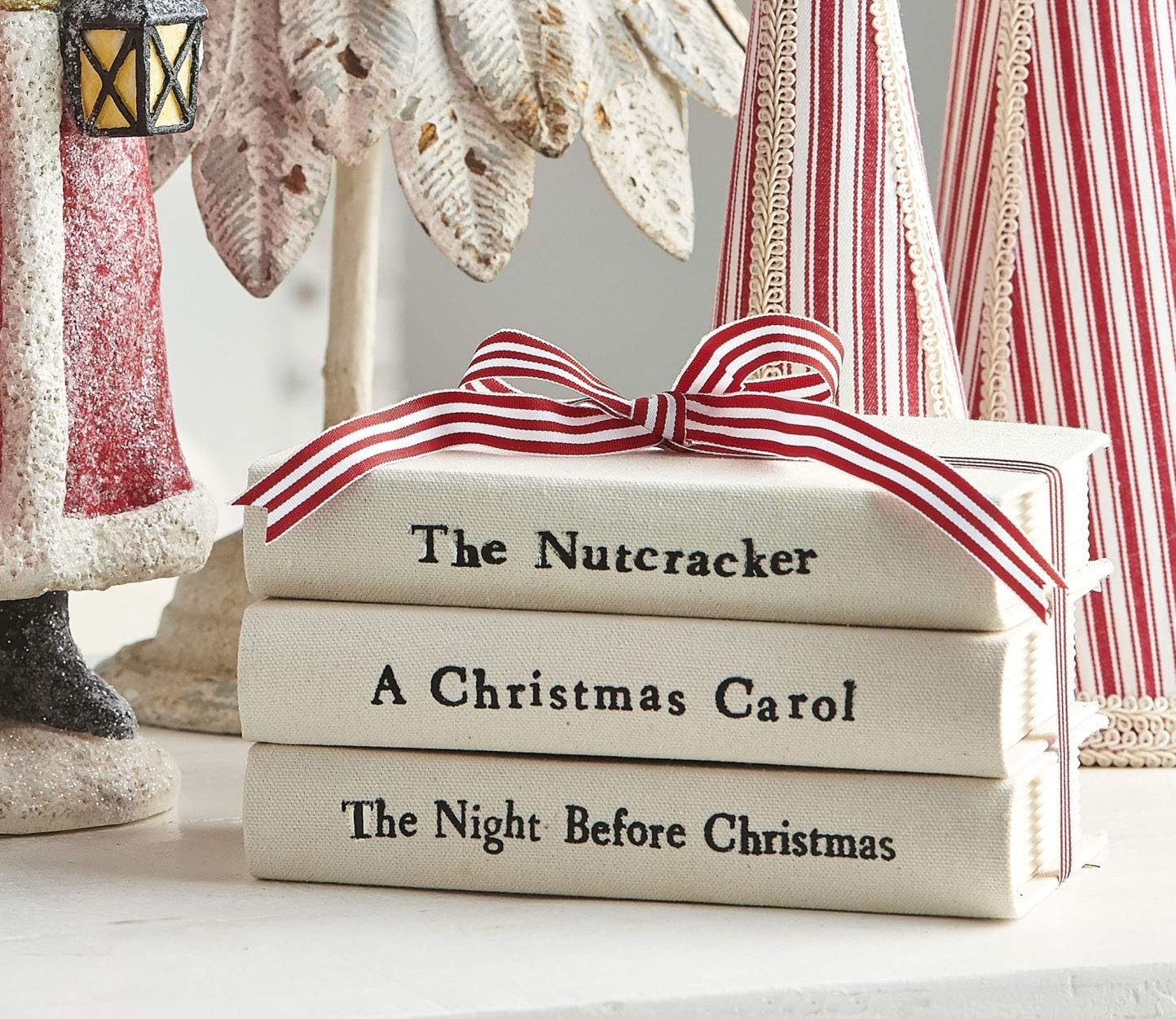 Set of 3 Stacked 8In Christmas Books Tied with Red and White Ribbon