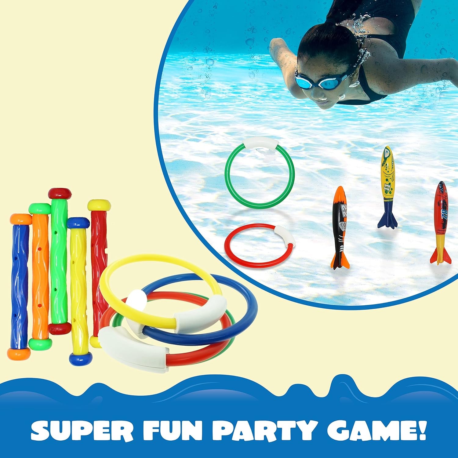 18Pcs Diving Pool Toys for Kids, Swimming Pool Toy with Storage Bag Includes 4 Pool Rings, 4 Diving Sticks, 4 Bandits, 6 Treasures Underwater Swim Pool Games for Ages 8-12