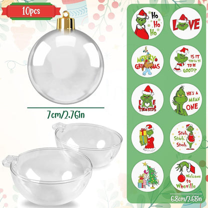 Christmas Ball Ornaments Hanging Decorations - 10Pcs Acrylic Clear Christmas Ornaments Balls with Green Gnome Cards for Tree Christmas Crafts Party Decorations