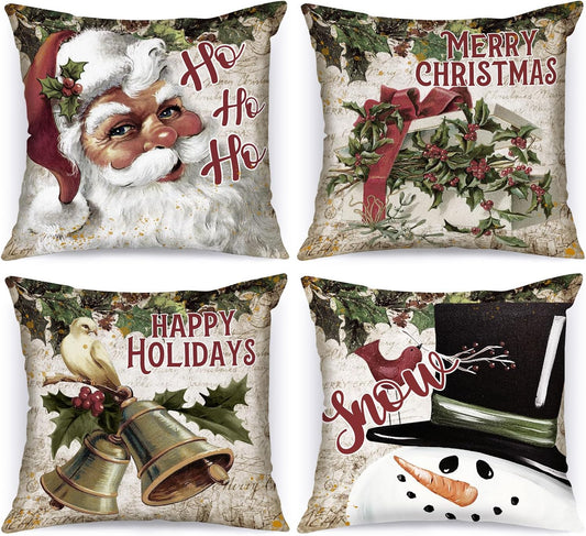 Vintage 12X12 Christmas Throw Pillow Covers Set of 4, Retro Santa Claus Snowman Decorative Holiday Pillow Case Cushion Cover 12 X 12 for Indoor Home Bedroom Sofa Couch Xmas Decor