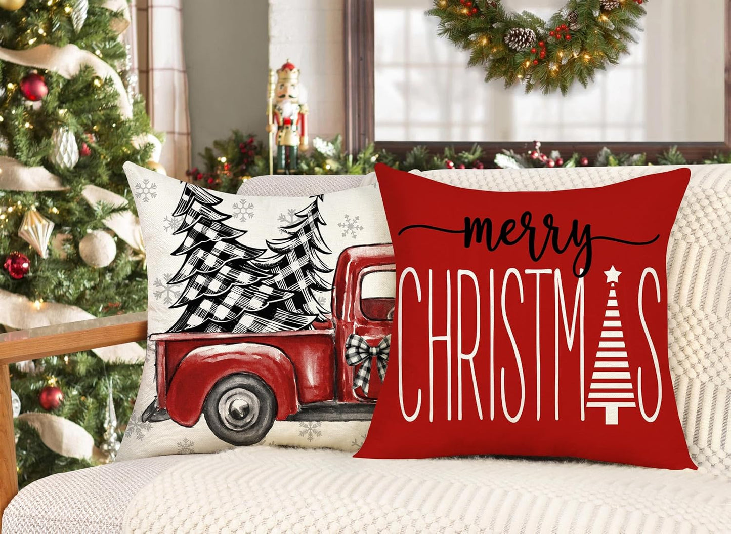 Red Christmas Pillow Covers 18X18 Set of 4 Farmhouse Christmas Decorations Merry Christmas Tree Truck Hello Winter Holiday Decor Throw Cushion Case for Home Couch S23C03