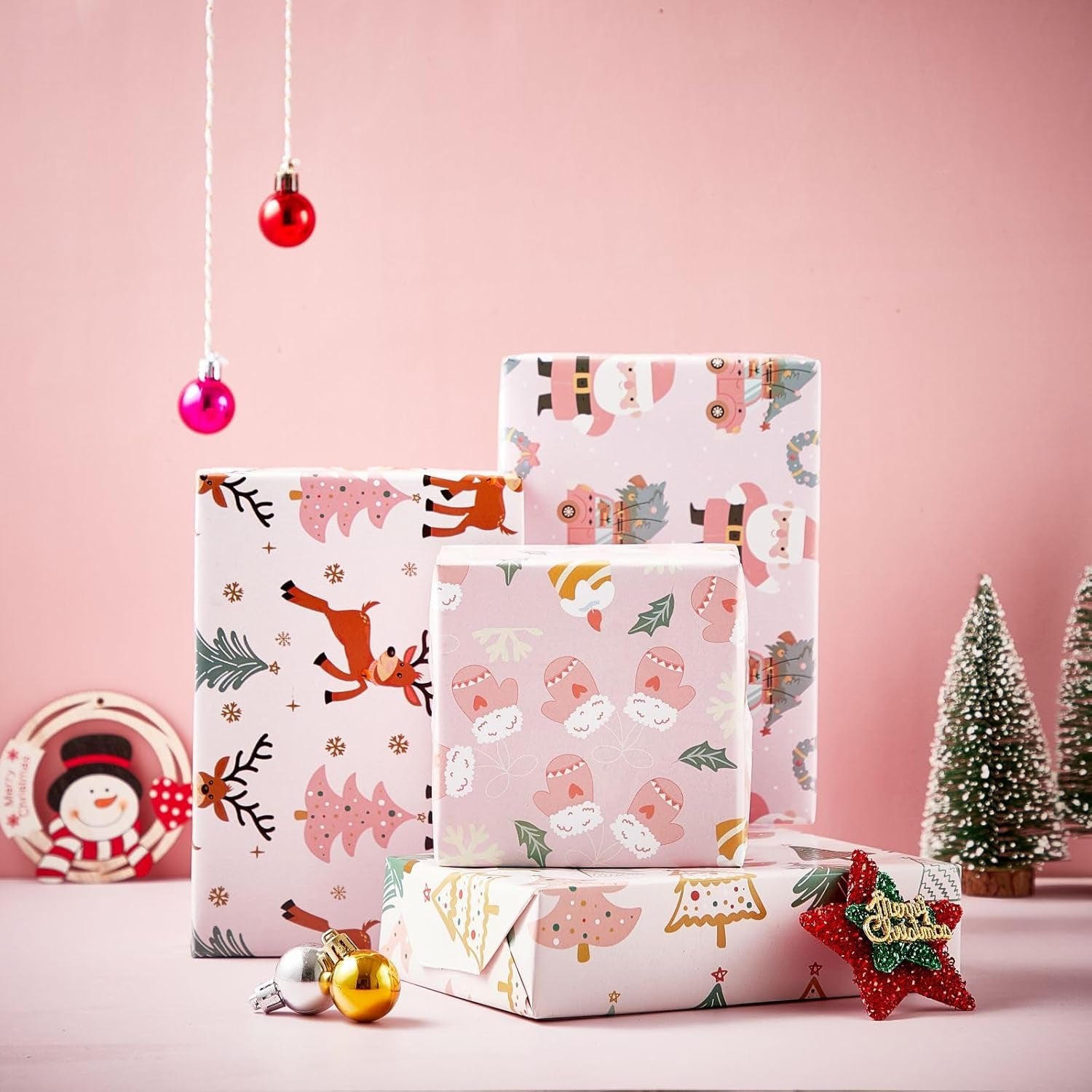 Pink Christmas Wrapping Paper for Boys Girls Kids - Cute Xmas Gift Wrap with Santa Christmas Tree Reindeer Design for Christmas Holiday Party Celebration - 20 X 28Inches per Sheet(8 Pack)