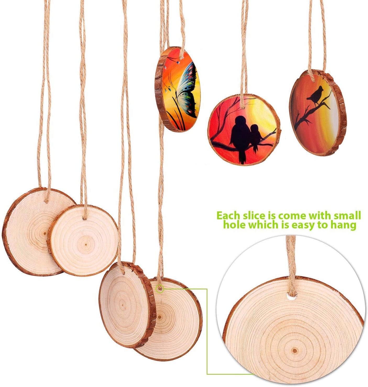 Natural Wood Slices, 30 Pcs 3.5-4 Inch Unfinished Predrilled Wooden Circles Tree Slice with Hole & Barks for DIY Arts Craft Christmas Ornaments