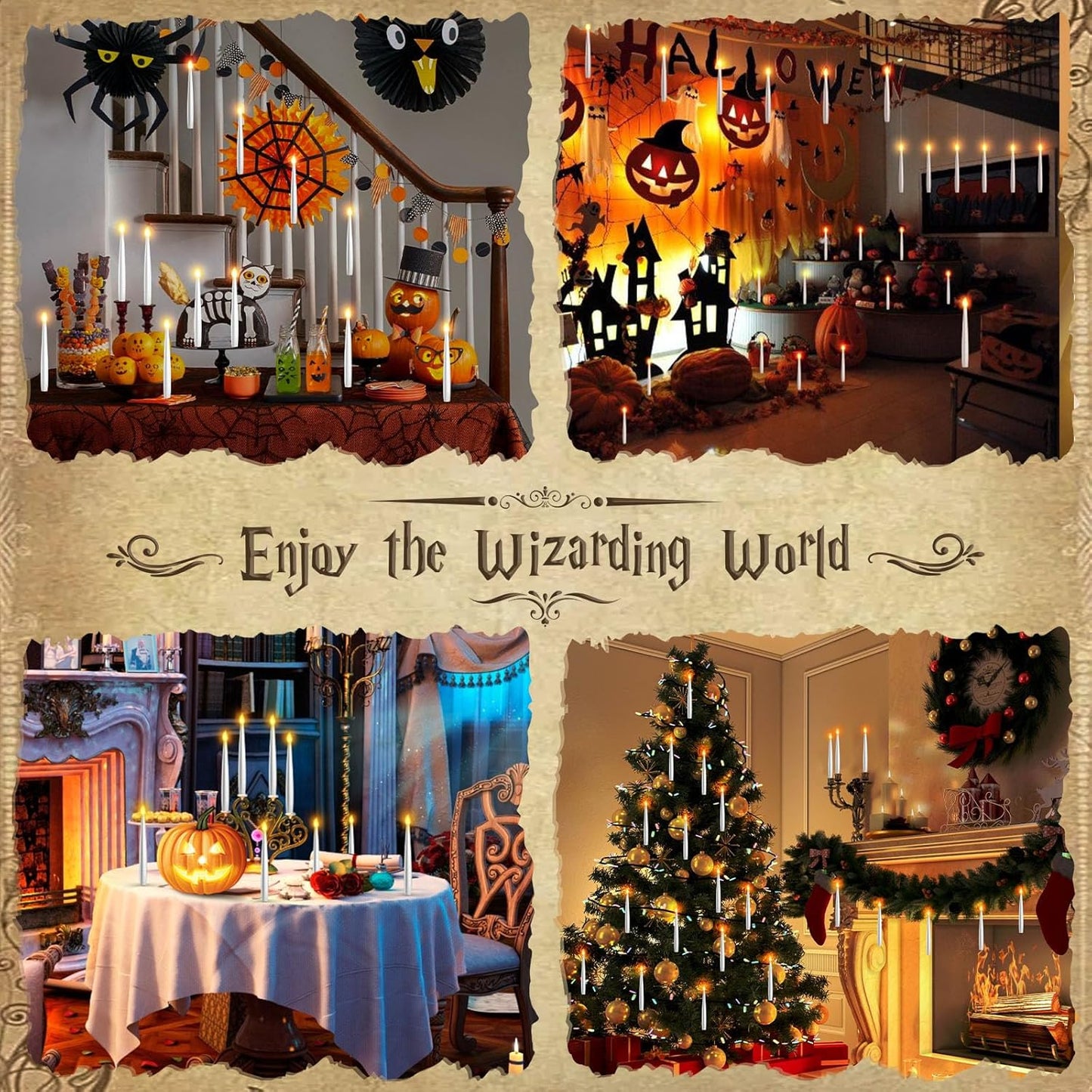 Floating Candles with Wand - 12 Pack Halloween Decorations Magic Flameless Candles Flickering Warm Light LED Hanging Candle Remote, Battery Operated Candles for Christmas Outdoor Indoor Party Decor