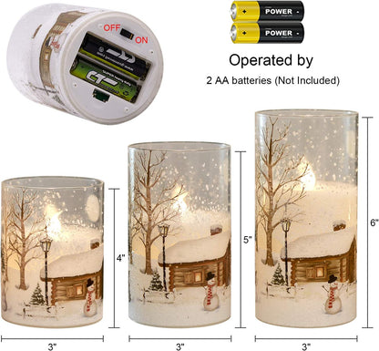 Christmas Battery Operated Flameless Candles Flickering Remote and Timer Glass LED Pillar Candles Moving Wick Real Wax Gold Snowman Christmas Tree Decals Holiday Decor D3 X H4, 5", 6"